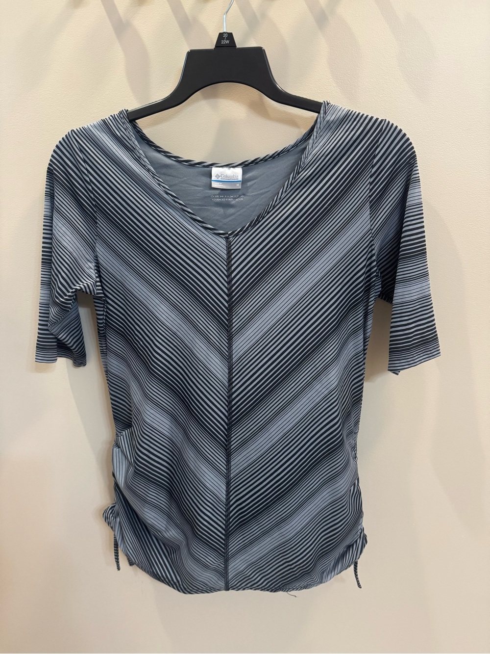 Columbia Women's Black and White Striped V-Neck Short Sleeve Tee